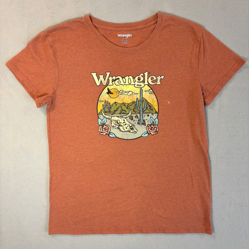 Wrangler Womens Desert Graphic T-Shirt Rust Orange Steer Skull Cactus Size M